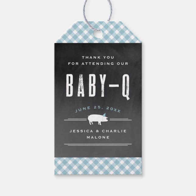 Etiqueta Para Presente Chá de Bebê Azul Gingham Baby BBQ (Frente)