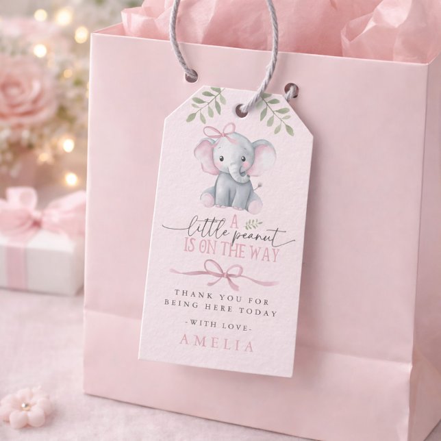 Etiqueta Para Presente Chá de Bebê Elefante Amendoim Rosa (Little Peanut Elephant Pink Baby Shower Gift Tags)
