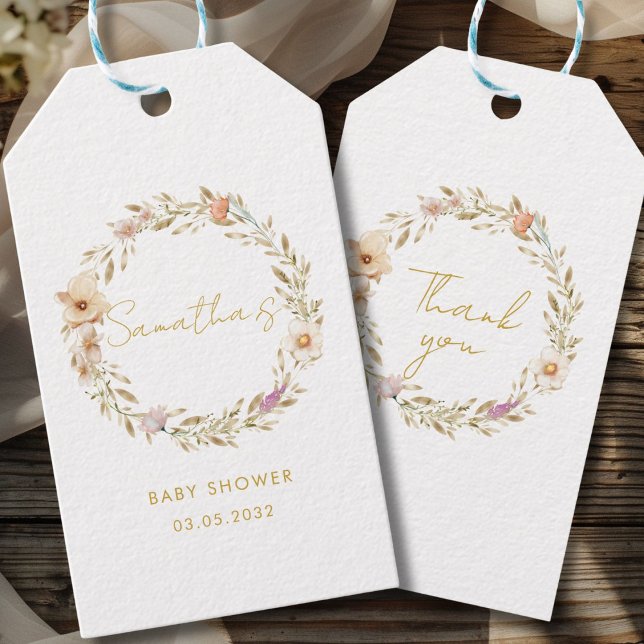 Etiqueta Para Presente Chá de Bebê Flor Boho (Boho Flower Custom Baby Shower Gift Tags with your Name & Date. For Baby Girl & Baby Boy.)