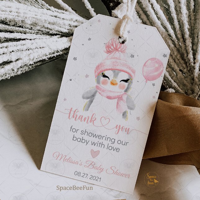 Etiqueta Para Presente Chá de bebê Pinguim de Inverno (Penguin baby shower thank you tag, penguin theme thank you tags, personalized penguin baby shower ta)