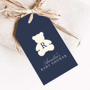 Etiqueta Para Presente Chá de Bebê Urso Teddy Azul Marinho Monograma Vint