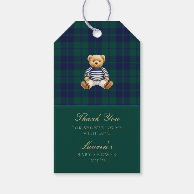 Etiqueta Para Presente Chá de Bebê Urso Xadrez Verde Clássico  (Frente)