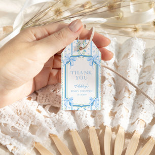Etiqueta Para Presente Chá de fraldas Blue Floral & Arco Vintage Obrigado
