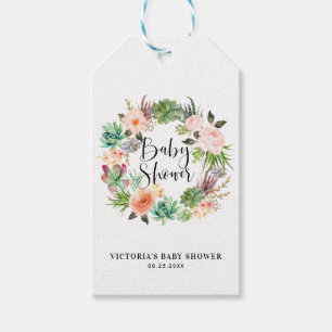 Etiqueta Para Presente Chá de fraldas Boho Succult Floral Wreath Obrigad