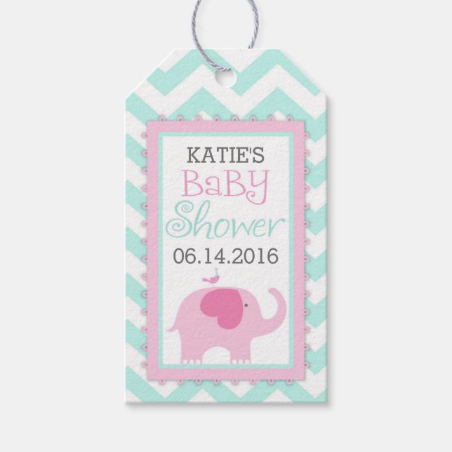 Etiqueta Para Presente Chá de fraldas Chevron Pink Elephant Bird (Frente)