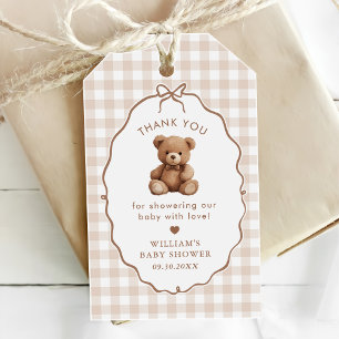 Etiqueta Para Presente Chá de fraldas de Urso de Gingham Neutro com Sexo