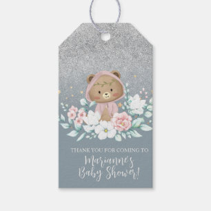 Etiqueta Para Presente Chá de fraldas de Urso Floral Brilhante Azul Boêmi