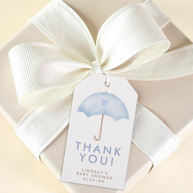 Etiqueta Para Presente Chá de fraldas guarda-chuva (Blue Umbrella Baby Shower Thank You Gift Tag)