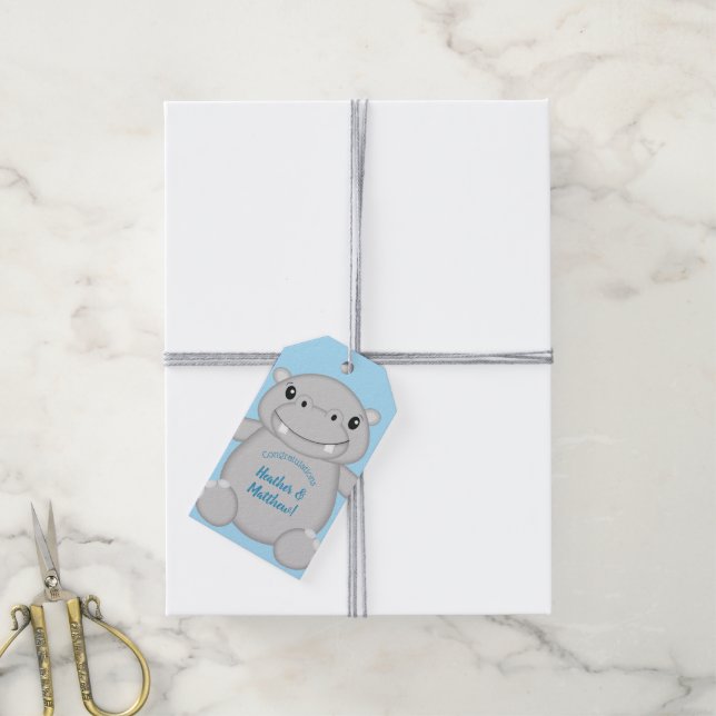 Etiqueta Para Presente Chá de fraldas Hippo Azul (Com cordão)