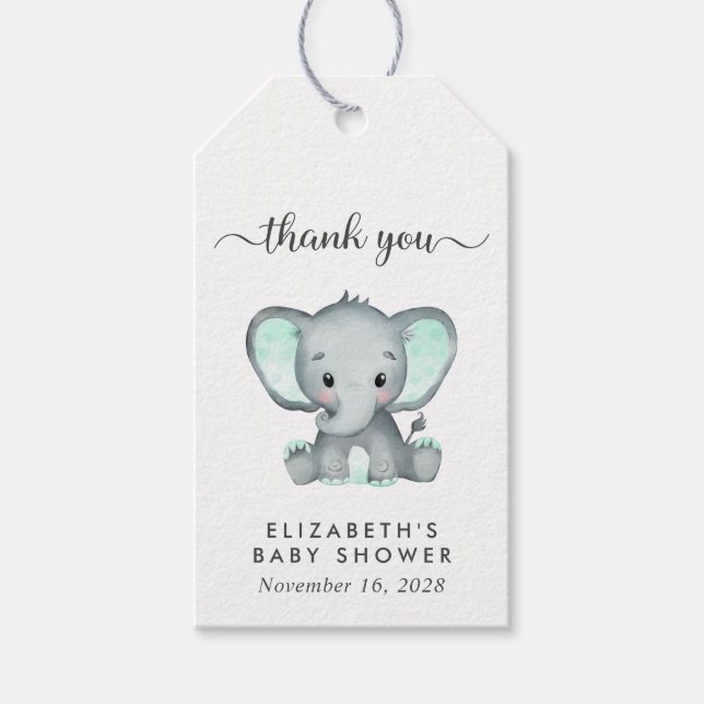Etiqueta Para Presente Chá de fraldas Mint Green Elephing Obrigado (Frente)
