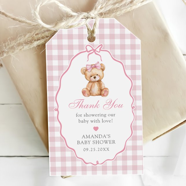 Etiqueta Para Presente Chá de fraldas Rosa Gingham Teddy Bear (Criador carregado)