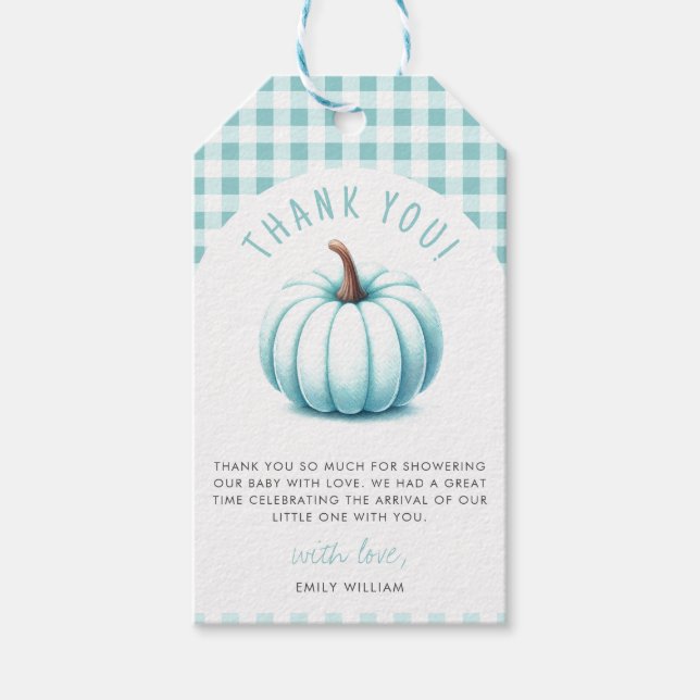 Etiqueta Para Presente Chá de fraldas Xadrez Pumpkin Blue Gingham (Frente)