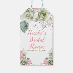 Etiqueta Para Presente Chá de Noiva em Verde Salvia e Floral Rosa