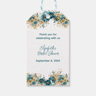Etiqueta Para Presente Chá de Noiva Floral em Aquarela Azul Turquesa e Do