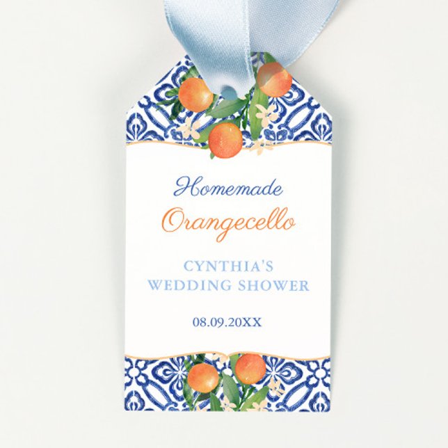 Etiqueta Para Presente Chá de panela de Orangecello Positano (Elegant citrus blue and white tiles Orangecello or homemade item bridal shower favor tags)