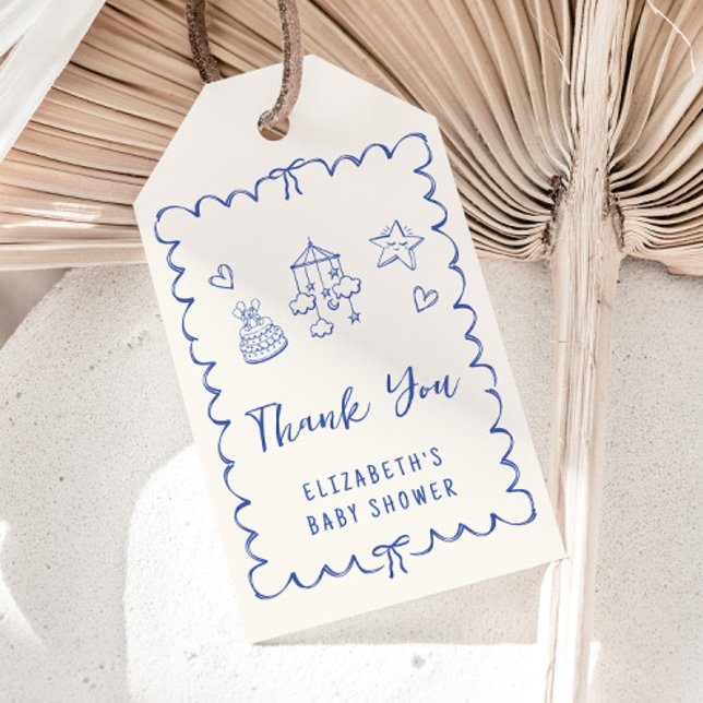 Etiqueta Para Presente Chá Whimsical Wavy Frame Baby Boy Obrigado (Criador carregado)