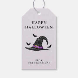 Etiqueta Para Presente Chapéu de Bruxa E Morcegos Em Lilás Feliz Hallowee