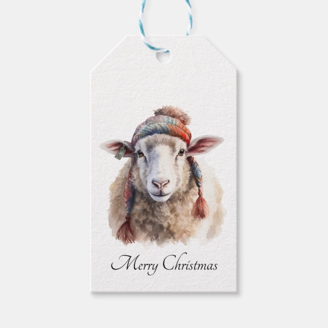 Etiqueta Para Presente Chapéu de Inverno Ovelha de Natal Texto Personaliz (Frente)