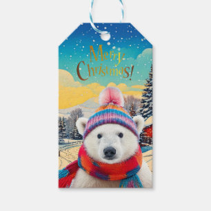 Etiqueta Para Presente Chapéu do Polar Bear Santa e cachecol Feliz Natal