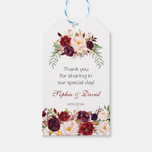 Etiqueta Para Presente Charm Burgundy Marsala Casamento Floral (Frente)