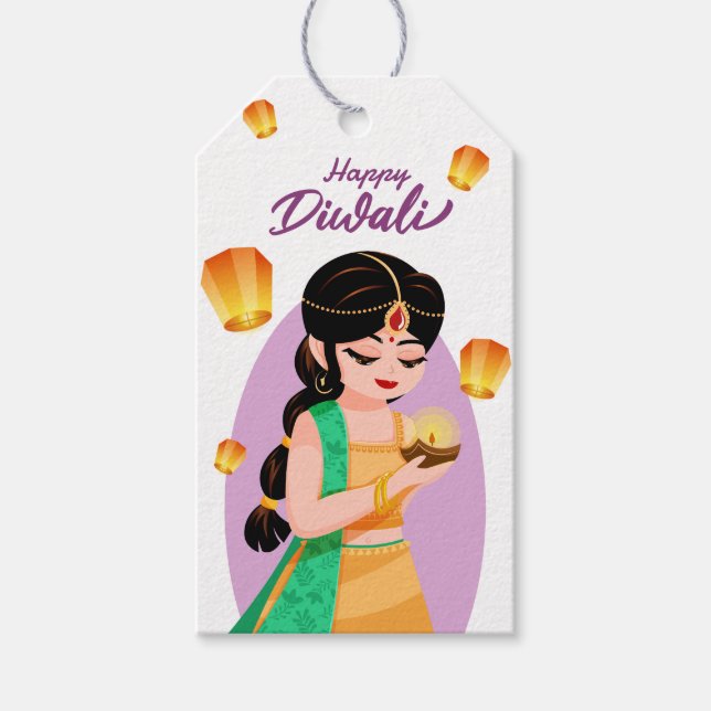 Etiqueta Para Presente Charming Indian Girl with Floating Lanterns Diwali (Frente)