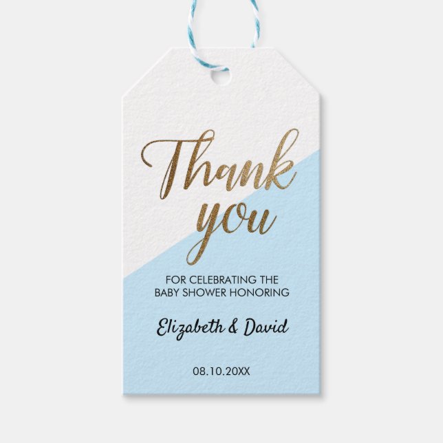 Etiqueta Para Presente Chic Azul Dourado Obrigado Casal Script Churrasco  (Frente)