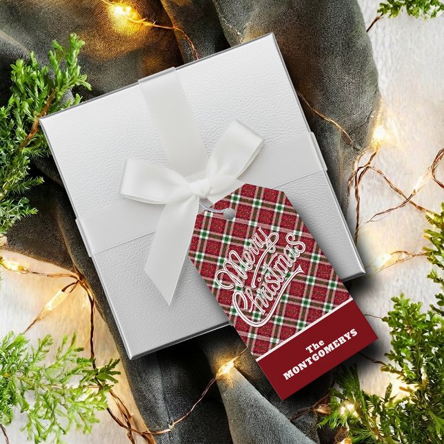 Etiqueta Para Presente Chic Brilhante Xadrez Feliz Natal (Chic faux sparkly plaid Merry Christmas favor gift tags)