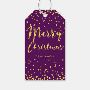 Etiqueta Para Presente Chic Feliz Natal Folha de Ouro Confetti Roxo