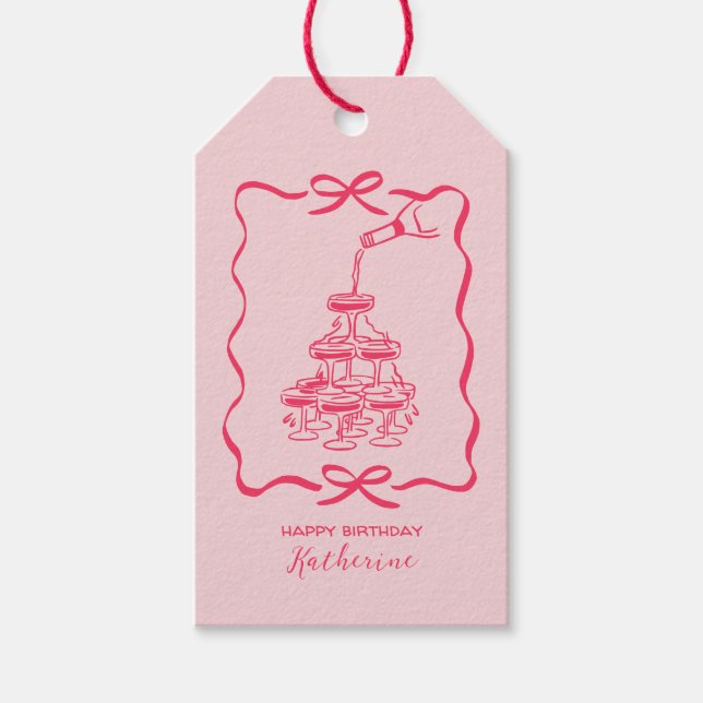 Etiqueta Para Presente Chic Hand Drawn Pink Champagne Tower Birthday (Frente)