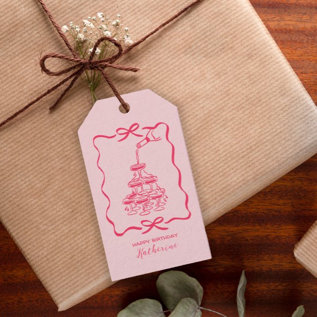 Etiqueta Para Presente Chic Hand Drawn Pink Champagne Tower Birthday (Criador carregado)