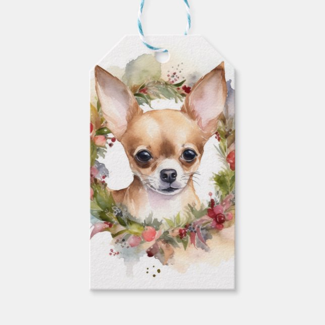 Etiqueta Para Presente Chihuahua Christmas Wreath Festivo Pup (Frente)