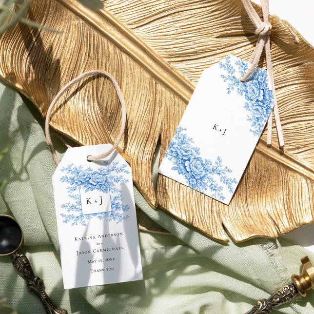 Etiqueta Para Presente Chinoiserie Blue Floral Classic Wedding Monogram (Criador carregado)