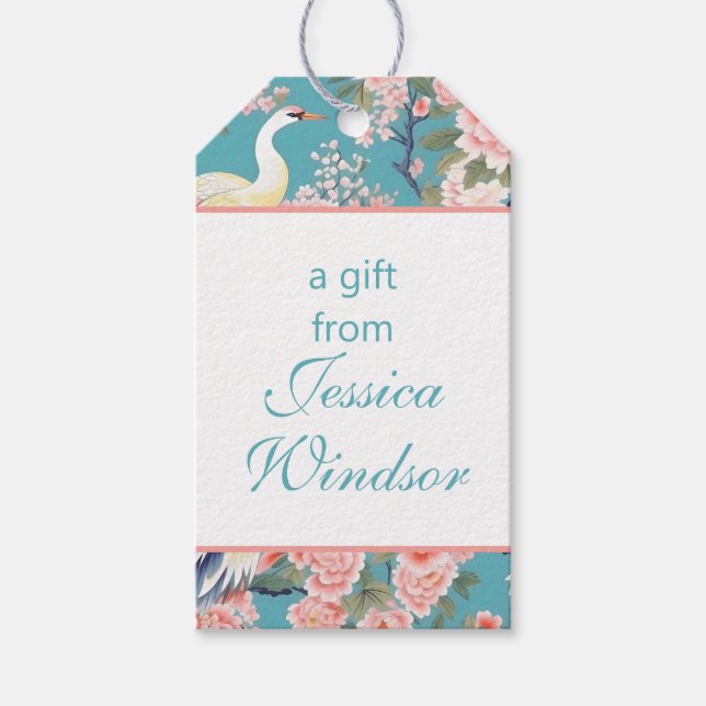 Etiqueta Para Presente Chinoiserie Teal Floral Egret (Frente)