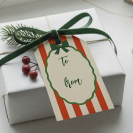 Etiqueta Para Presente Chique Listrado Vermelho e Verde Natal Alegre Retr