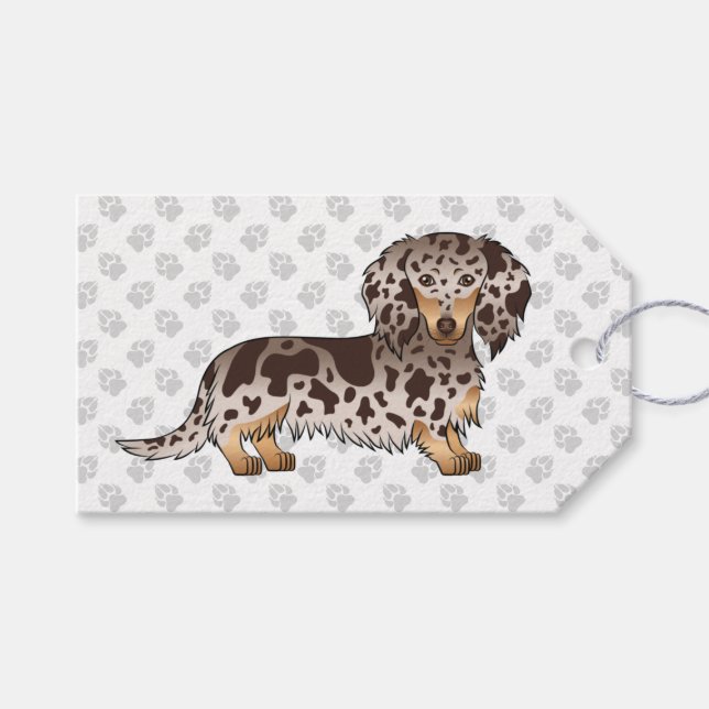 Etiqueta Para Presente Chocolate & Tan Dapple Long Hair Dachshund & Paws (Frente (horizontal))
