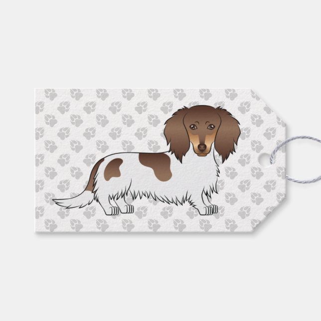 Etiqueta Para Presente Chocolate & Tan Piebald Dachshund de Pelo Longo &  (Frente (horizontal))