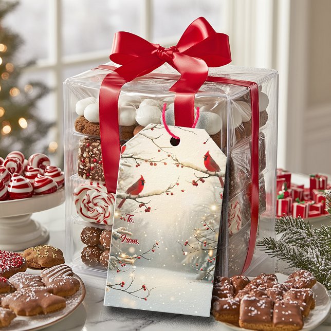 Etiqueta Para Presente Christmas Beautiful Red Cardinals Winter Snow (Criador carregado)