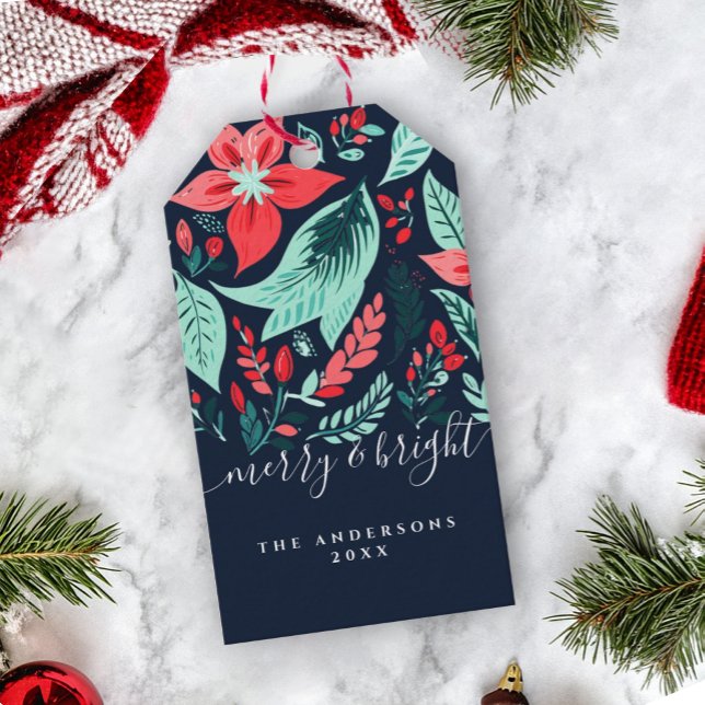 Etiqueta Para Presente Christmas Botanical Red Floral Blue Holiday (Criador carregado)
