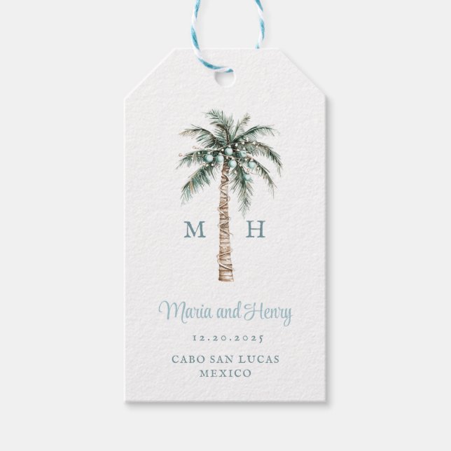 Etiqueta Para Presente Christmas Palm Tree | Beach Wedding Monogram (Frente)
