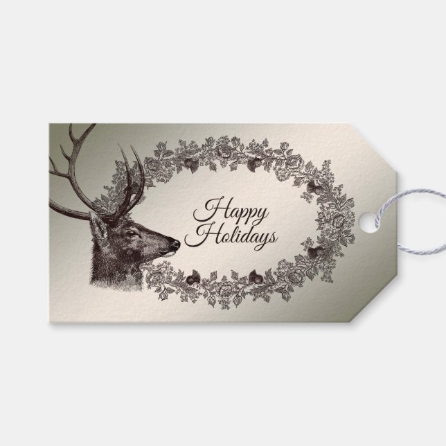 Etiqueta Para Presente Christmas Party Floral Reindeer Golden Winter (Frente (horizontal))