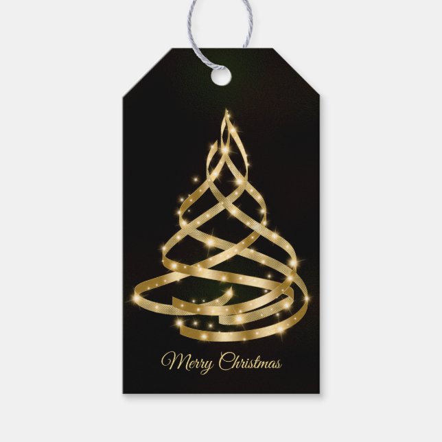 Etiqueta Para Presente Christmas Shiny Golden Ribbon Tree Sparkle Black (Frente)