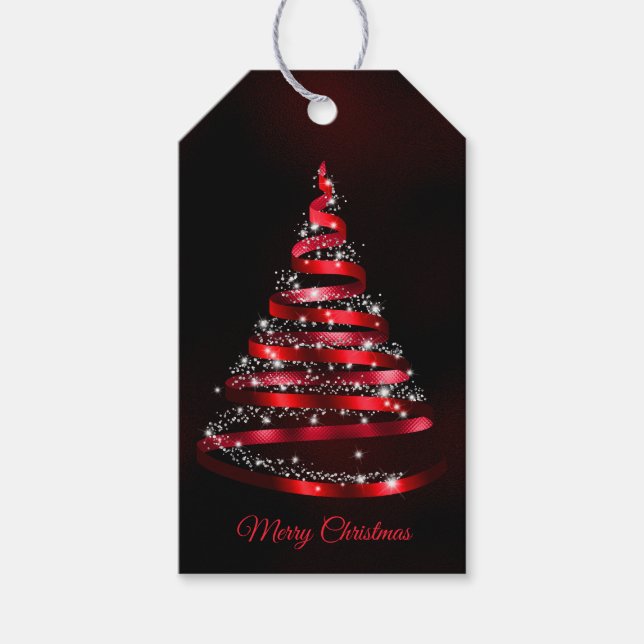 Etiqueta Para Presente Christmas Shiny Red Ribbon Tree Sparkle Black (Frente)