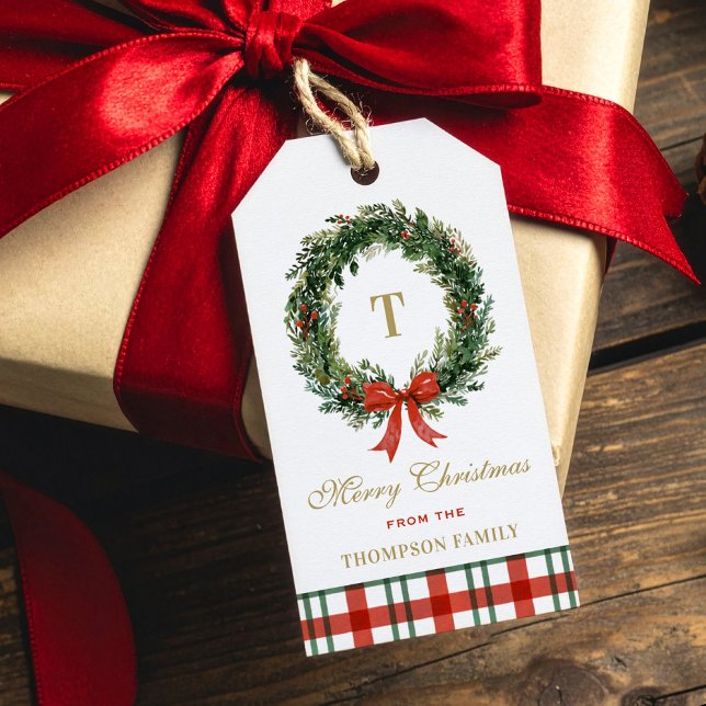 Etiqueta Para Presente Christmas Wreath Monogram Plaid Family Name (Criador carregado)