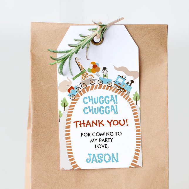 Etiqueta Para Presente Chugga Chugga Comboio Cartões de agradecimentos de (Chugga Chugga Train Birthday Thank You Card, Safari Animals Train Thank You Card, Train Themed Party)