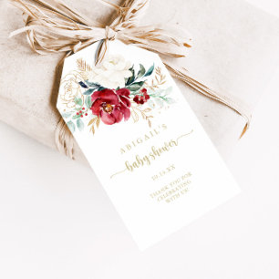 Etiqueta Para Presente Chuva de Bebê Floral Clássica Dourada Borgonha Bra