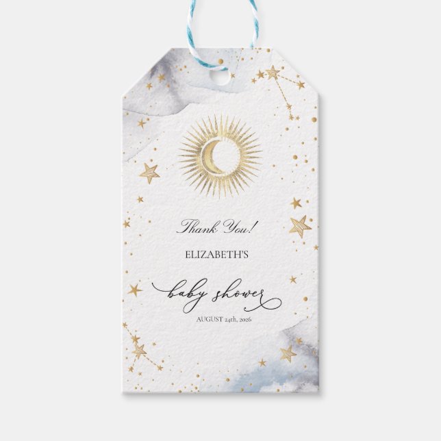 Etiqueta Para Presente Chuva de Bebê Sol, Lua, Estrelas Celestiais (Frente)