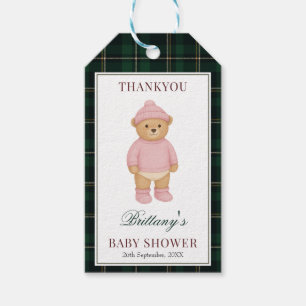 Etiqueta Para Presente Chuva de Bebê Xadrez Urso Préppy Rosa