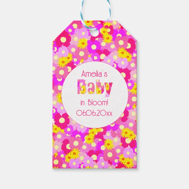 Etiqueta Para Presente Chuva de Flores Rosa Chá de Bebê Personalizado (Frente)