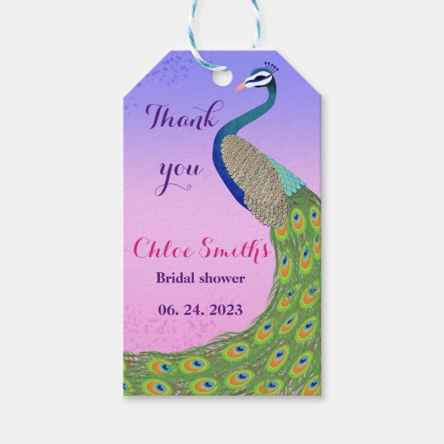 Etiqueta Para Presente chuva de noiva tema pavão rosa azul (Frente)