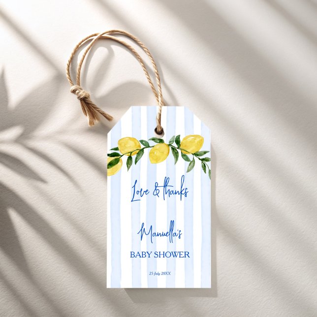 Etiqueta Para Presente Ciao bambino lemons chá de fraldas italiano (Ciao bambino blue stripes  lemons Italian baby shower personalized favor Gift Tags)